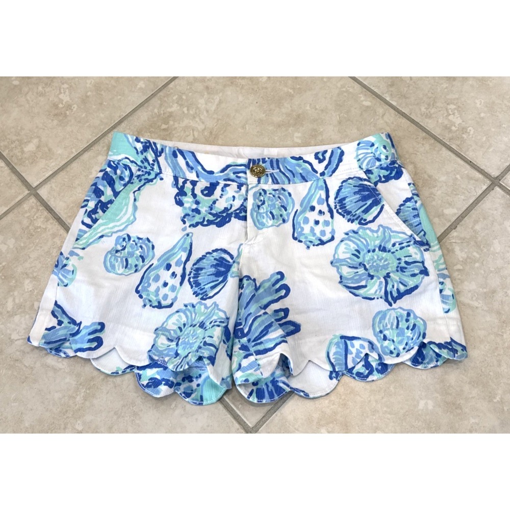 Lilly Pulitzer The Buttercup White‎ Blue & Green Shells Scalloped Shorts Sz 0